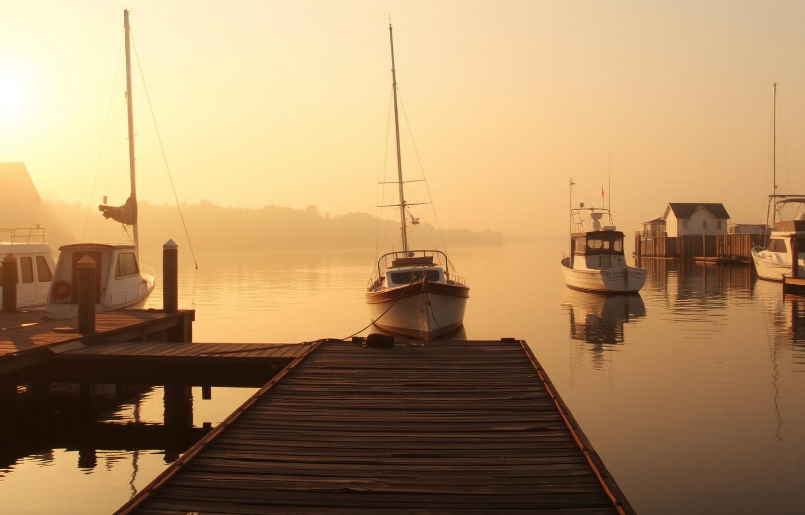 Boats moored in a quiet harbor at golden hour